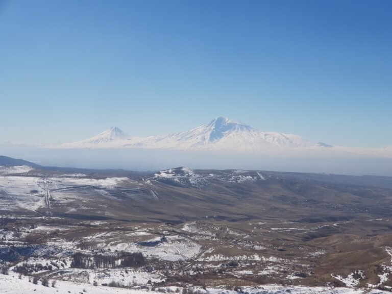 Mount Ararat surrounded by snow-covered fields in Armenia