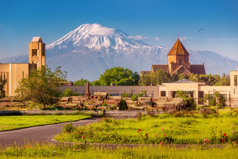 Mount Ararat with the church of St Gayane in the foreground, Vagharshapat, Armenia