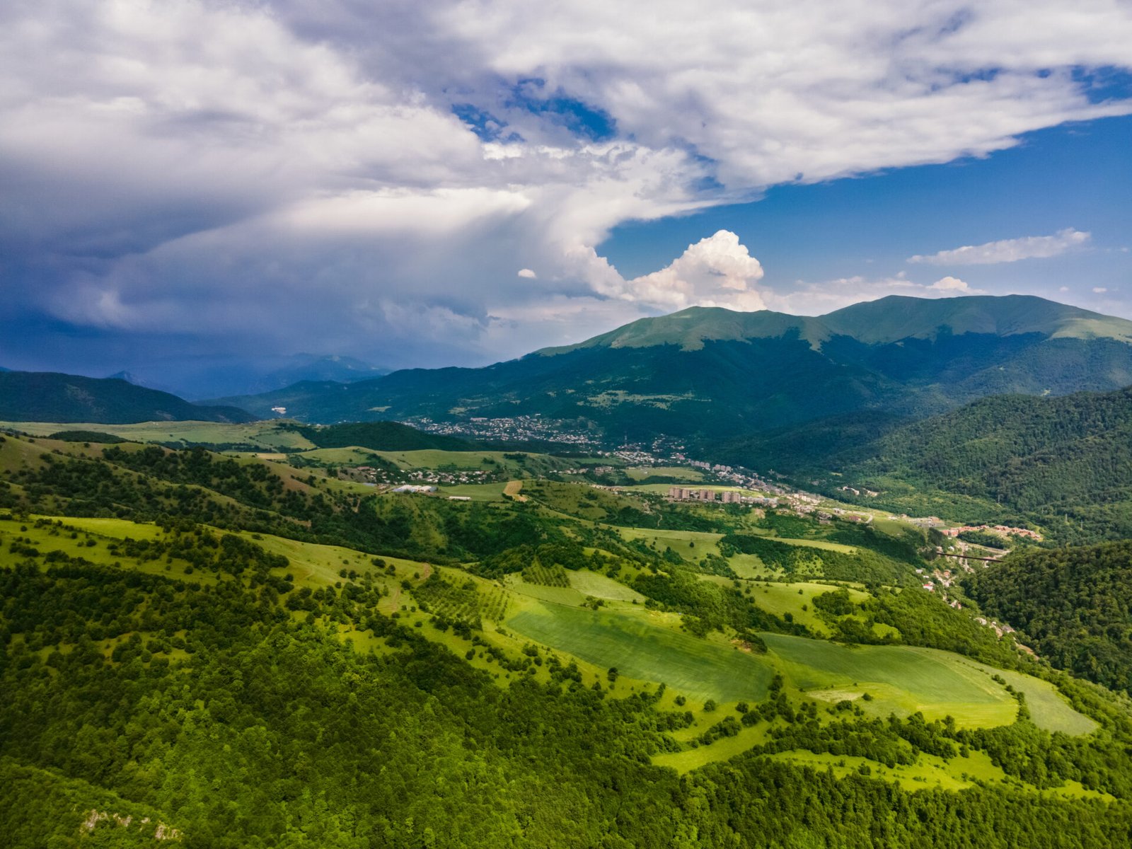 Aerial shot of the forested Dilijan landscape in Tavush, Armenia