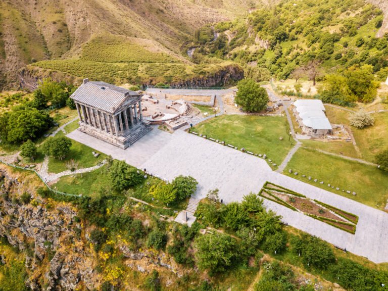 Aerial view of Garni Temple on the edge of the Azat gorge, Kotayk, Armenia