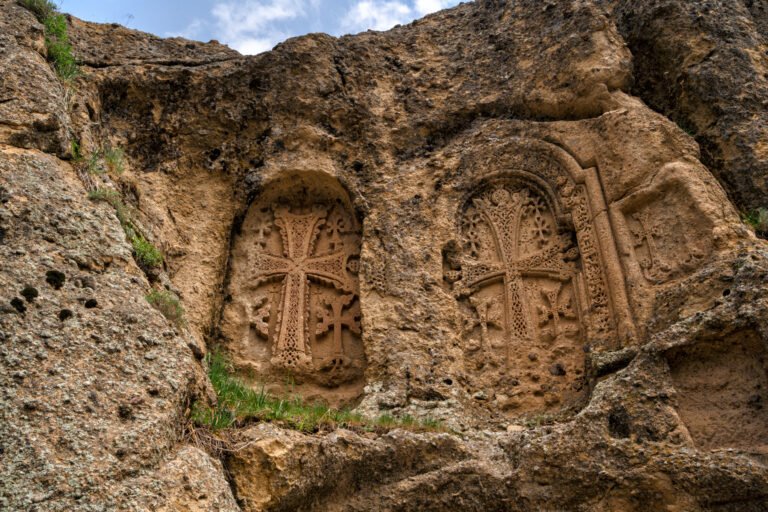 Geghard Monastery, partly carved into the rock of the Azat valley, Armenia