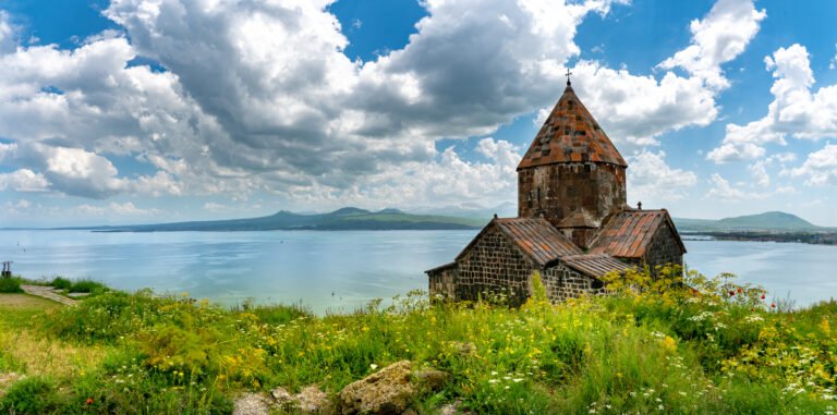 Hayravank Monastery standing above the shore of Lake Sevan, Armenia