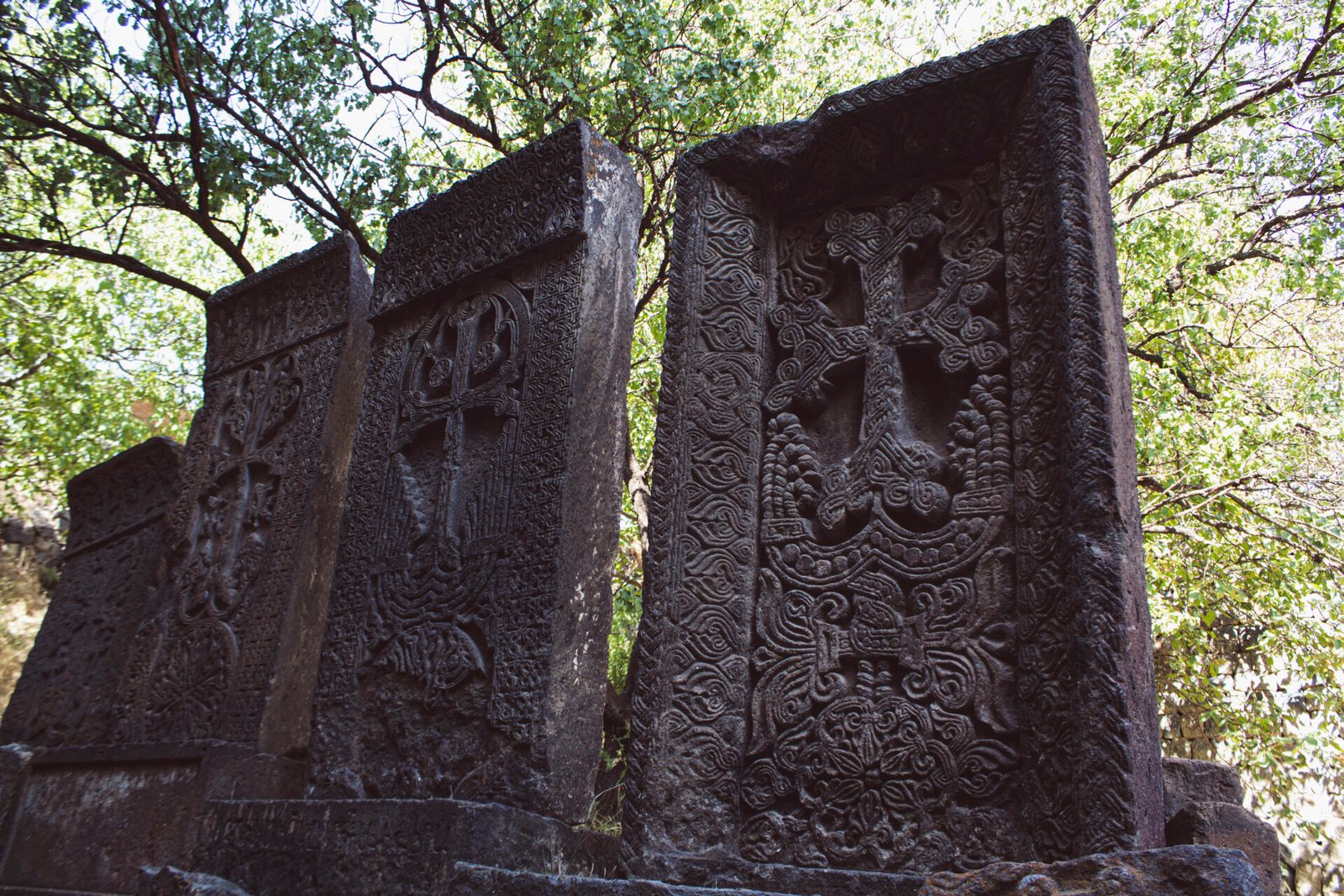 A group of carved Armenian khachkar cross-stones