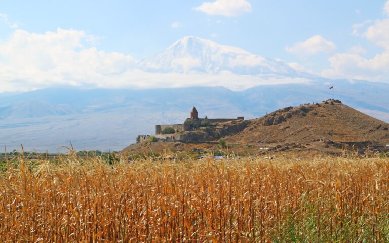 Khor Virap Monastery near Artashat with snow-covered Mount Ararat behind it