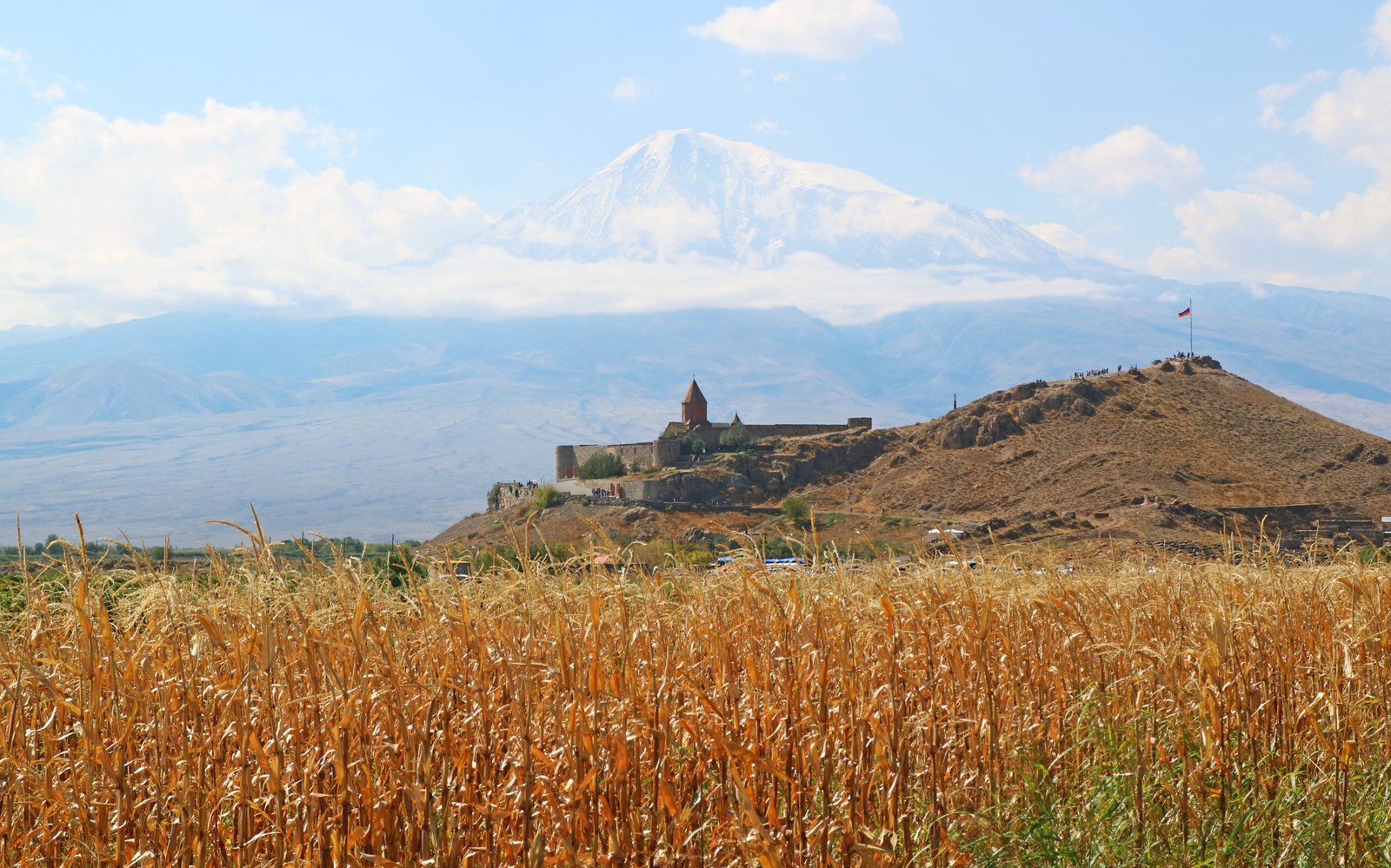 Khor Virap Monastery near Artashat with snow-covered Mount Ararat behind it