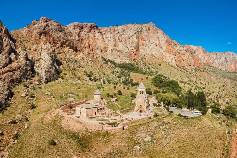 Aerial view of Noravank Monastery in its red rock gorge, Vayots Dzor, Armenia