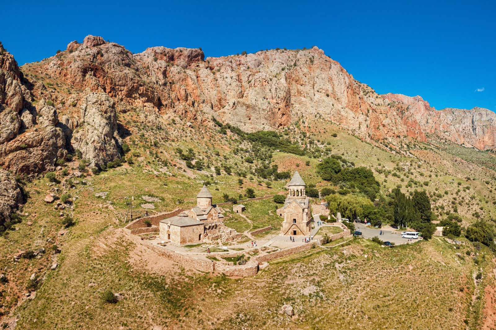 Aerial view of Noravank Monastery in its red rock gorge, Vayots Dzor, Armenia
