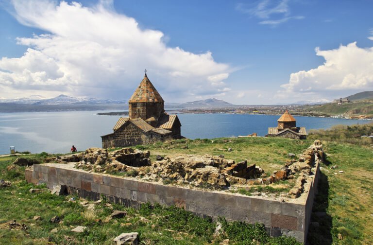 Sevanavank Monastery on the peninsula above the blue water of Lake Sevan, Armenia