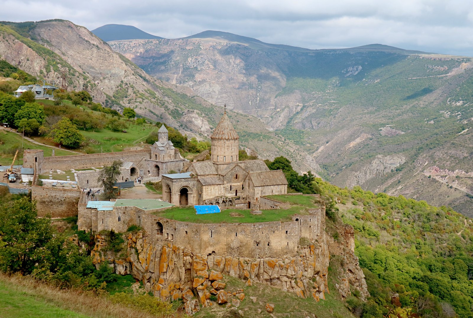 Aerial view of the Tatev Monastery complex on the basalt plateau in Syunik, Armenia