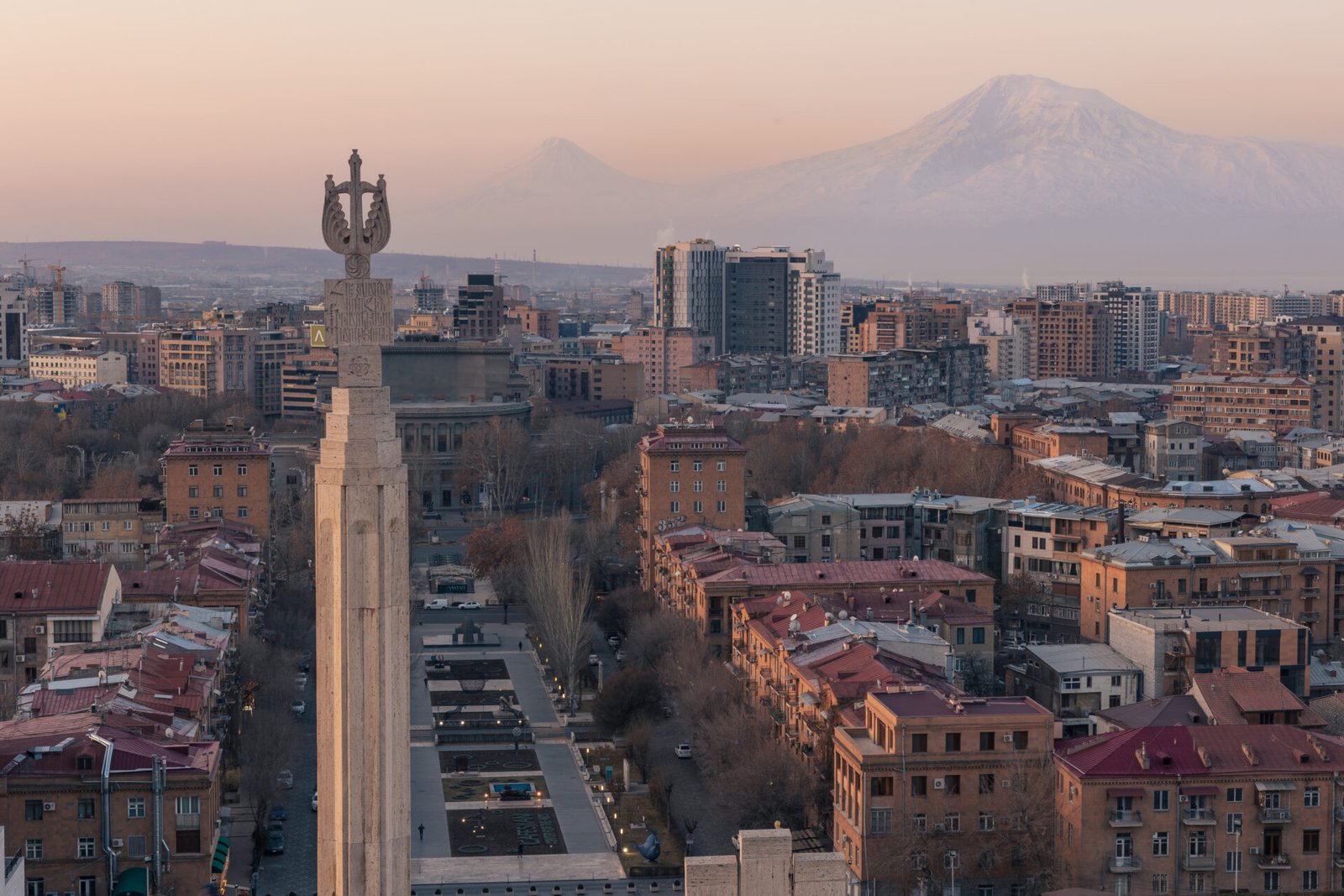 Panorama of Yerevan from the Cascade complex with Mount Ararat at sunrise