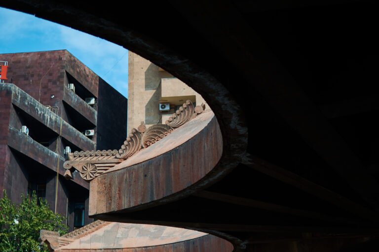 Pink tuff architecture and street life in the centre of Yerevan, Armenia