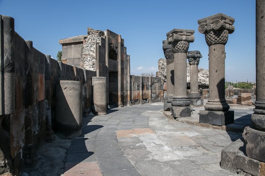 Ruined columns and arches of Zvartnots Cathedral near Yerevan, Armenia