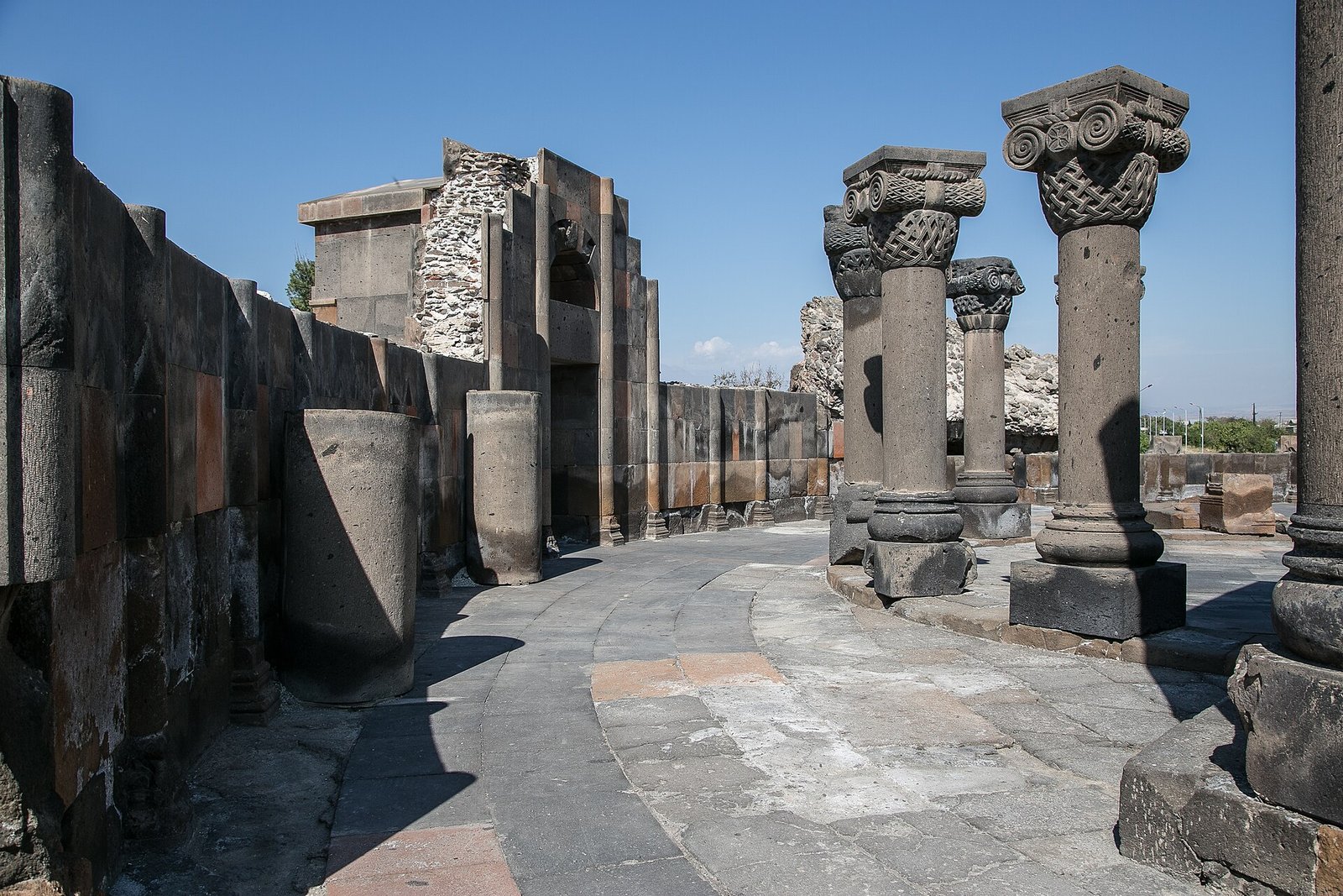 Ruined columns and arches of Zvartnots Cathedral near Yerevan, Armenia
