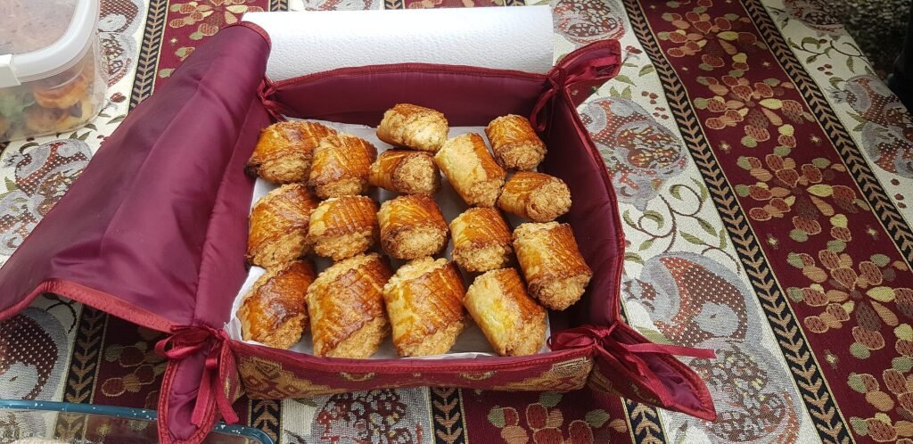 Slices of Armenian gata, a traditional sweet pastry, arranged for serving