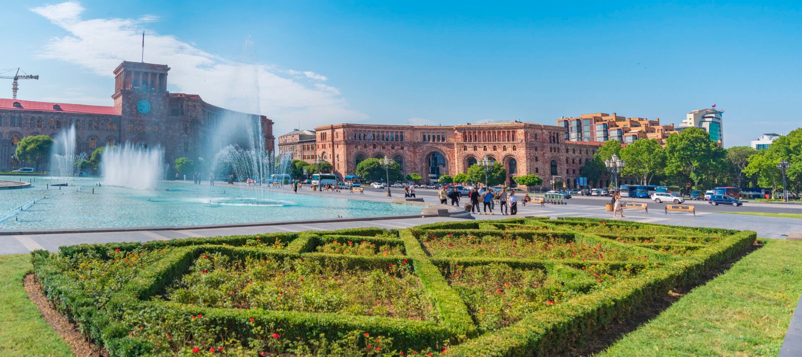 Fountains and flowerbed on Republic Square in central Yerevan, Armenia